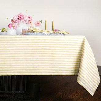 Solino Home Linen Tablecloth for Dining Table, Holiday and Everyday Dining Table Decor - Amalfi Stripe in Primrose Yellow And White at Nordstrom