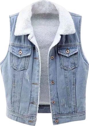 Generic Denim Gilet Womens Sleeveless Sherpa Lined Fleece Jackets Ladies Body Warmer Button Down Jean Vest Outdoor Activewear Solid Color Thermal Waistcoat Wa