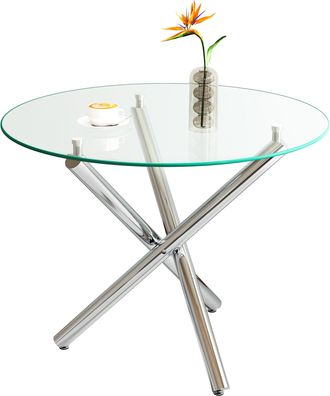 STILVORA Mesa De Comedor Redonda En Vidrio Y Metal Con Superficie De Vidrio Templado, Patas Cruzadas Y Almohadillas Ajustables - 80&times;80&times;77 Cm, Plateado