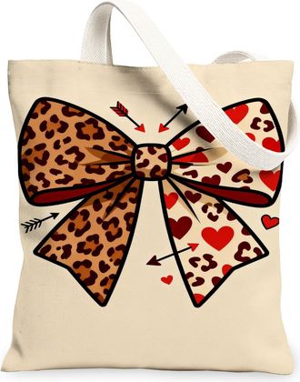 Generic Leopard Canvas Tote Bags, Chic Bow Heart Design Reusable Grocery Bags, ValentineS Day Lightweight Washable Shoulder Strap, Beige, 13x15 Inch