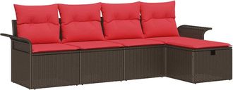 vidaXL Conjunto De Sof&aacute; De Jard&iacute;n 5 Uds. Marr&oacute;n Y Rojo Rat&aacute;n Sint&eacute;tico Vidaxl