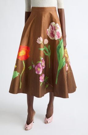 Oscar De La Renta Mixed Botanical Circle Midi Skirt in Brown Multi at Nordstrom, Size 14
