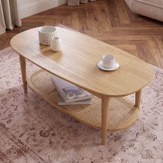 Maisons du monde Mesa de centro de 2 niveles de madera de pino y rejilla de rat&aacute;n L.115 cm