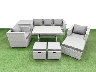 Fimous 9 Pieces Outdoor PE Rattan Sofa Armchair Set with Side Table 3 Stools in Light Grey