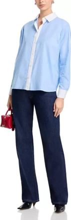French Connection Poplin Ticking Contrast Shirt In Blue Hydrangea