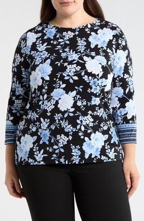 Anne Klein Floral Print Border Top in Anne Black Multi at Nordstrom, Size 0 X
