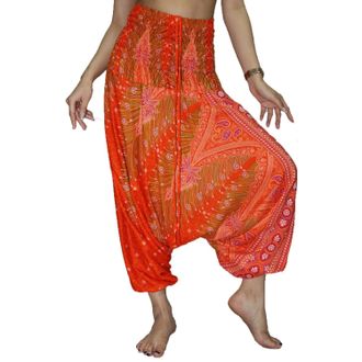 Lofbaz Womens Peacock Print 2 in 1 Harem Pants Jumpsuit - Peacock Orange and Red - M