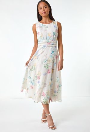 Roman Floral Gathered Waist Midi Dress