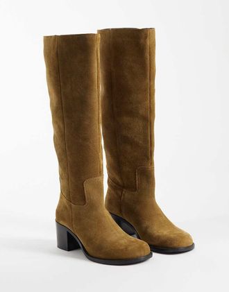Asos Clyde stivali al ginocchio in vera pelle scamosciata con punta tonda e da infilare, oliva-Neutro