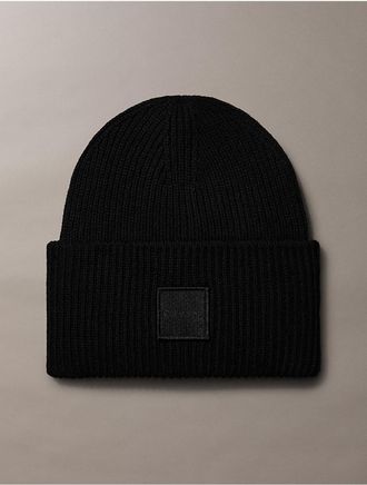 Calvin Klein Womens Ribbed Monogram Logo Badge Beanie - Black