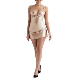 House of CB Lucilla Metallic Halter Minidress in Beige at Nordstrom, Size X-Small D