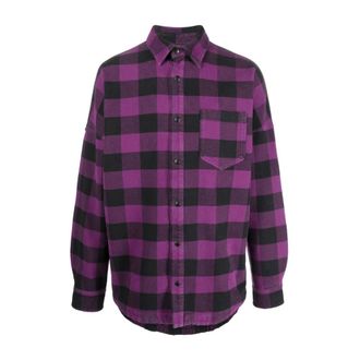 Palm Angels Light Jackets, male, Purple, L, Checked Logo Print Shirt Purple/Black/White