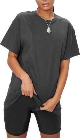 Janisramone Womens Ladies New Plain Baggy Longline T-Shirt PJ Dress Cycling Shorts 2 Pcs Set Summer Lounge Wear Charcoal