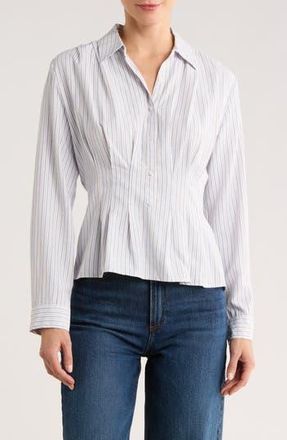Max Studio Pleat Front Button-Up Shirt in White/Brown/Blue at Nordstrom Rack, Size X-Small