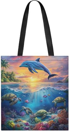 Generic Dolphins And Turtles in The Sea Tote Bag for Women Men Shoulder Bags Purses Pouch Handbags