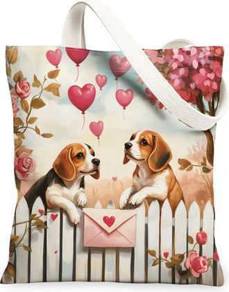Generic Valentines Day Border Collie Dog Canvas Tote Bag for Shopping 13x15, Farm Couple Puppy Reusable Grocery Print Bag for Women, Pet Beach Aesthetic Paint