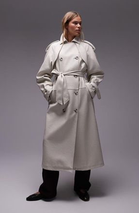 Topshop Belted Faux Leather Trench Coat in Beige at Nordstrom, Size Large