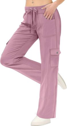 Generic Wide Leg Trousers for Women UK Cargo for Drawstring High Waisted Hiking Cropped Pants with Pockets Summer Travel Petite Short (Pink, XL)