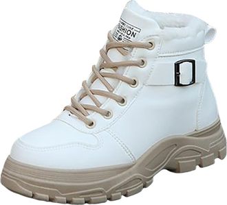 Generic Winter Combat Boots for Women Faux Fur Lined Platform Ankle Boot Lace-Up Casual Warm Snow Boots Outdoor Anti-Slip Walking Shoes(White,8.5)