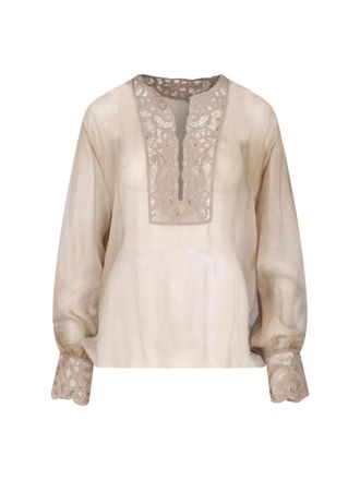 Ermanno Scervino Beige Deep V-Neck Floral Lace Blouse