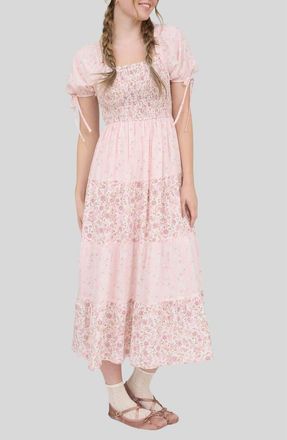 Blu Pepper Smocked Tiered Midi Dress in Light Pink Multi at Nordstrom Rack, Size Medium
