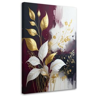 Feeby Cuadro En Lienzo, Abstracci&oacute;n De Hojas De Plantas En Burdeos Y Dorado, 80x120