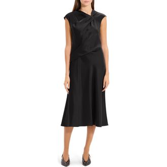 Theory Twist Bodice Satin Midi Dress in Black at Nordstrom, Size 12