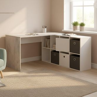 Dmora Escritorio Dmorlup, Escritorio Reversible Multiposici&oacute;n, Mesa De Estudio U Oficina Para Pc Con Estante, 136x139h74 Cm, Blanco Y Cemento - Dmora