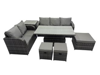 Fimous Rattan Garden Furniture Set 8-seater with 3 Footstools Side Table in Dark Grey