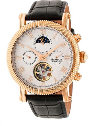 Heritor Winston Semi-Skeleton Leather-Band Watch