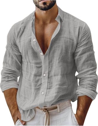 Generic Mens Linen Shirts UK Sale Long Sleeve Button Down Regular Fit Cotton Shirt Solid Color Lightweight Summer Beach Hawaiian Holiday Tee Tops Tshirts Clea