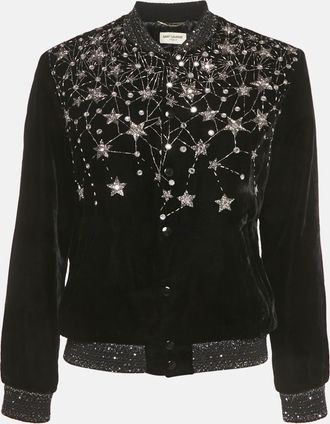 Saint Laurent Black Embellished Velvet Bomber Jacket S
