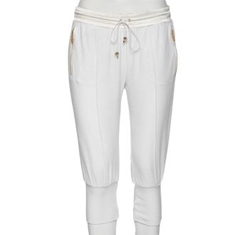 Roberto Cavalli White Cotton Rib Knit Detailed Cropped Joggers