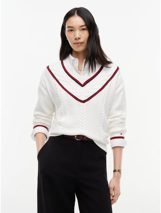 Tommy Hilfiger Womens Cable Knit Cricket Sweater - Ecru - XL
