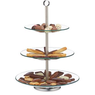Relaxdays 8 Soportes Para Tartas, Cupcakes Y Fruta De 3 Pisos, Cristal-acero, Plateado-transparente, 40 X 29,5 Cm