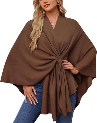 Generic Womens Elegant Shawl Wraps Soft Open Front Poncho Sweater,Cross Front Knit Poncho Sweater for Travel & Office (Brown)