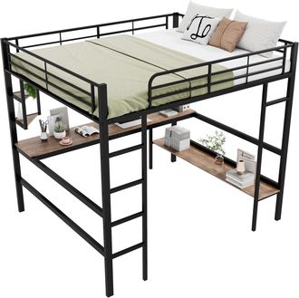 STILVORA Cama Alta, Cama Doble Con Escritorio, 4 Estantes Y Estanter&iacute;a, 140&times;200 Cm, Sin Colch&oacute;n, Negro