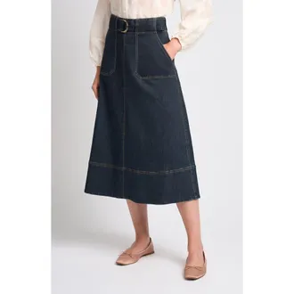 Ted Baker Kay High Waist Belted Midi Denim Skirt in Indigo Night at Nordstrom, Size 12