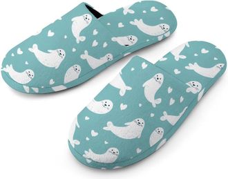 Generic Seals Cute Pattern Flannel Mens Slip-on Slippers Winter Warm House Shoes with Rubber Sole for Home Hotel