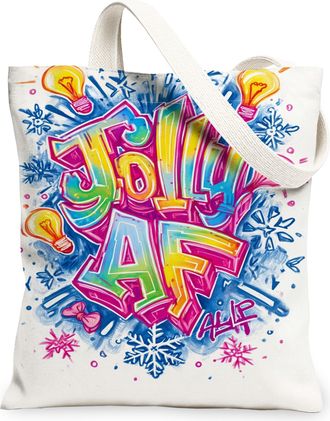 Generic Winter Graffitis Canvas Tote Bags, Colorful Artistic Design Reusable Grocery Bags, Holiday Lightweight Washable Shoulder St, White, 13x15 Inch