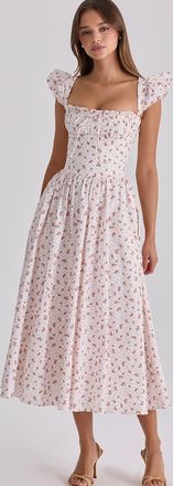 House of CB Livia - Prendisole midi in cotone bianco con stampa di rose