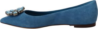 Dolce & Gabbana Womens Crystal-Embellished Suede Flat Blue Leather
