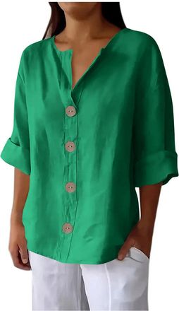 Generic KUIH Linen Blouses for Women UK V Neck Long Sleeve Shirts Cotton Linen Tops Lightweight Casual Loose Button Tunic Tops Holiday Summer Plain Boho Tee T