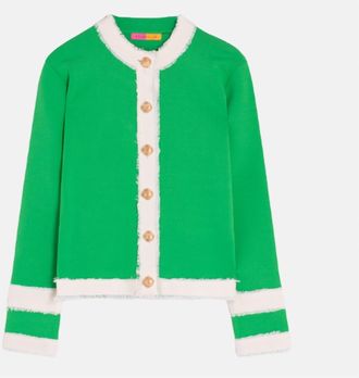 Vilagallo Womens Collarless Jacket With Fringe Trim In Green And White