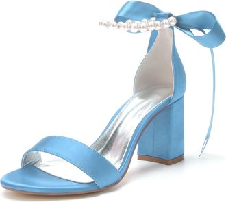 Generic Bridal Shoes Block Heel Wedding High Heels Sandals Open Toe Party Dress Heels Wedding Shoes 8Cm,Sky Blue,10 UK