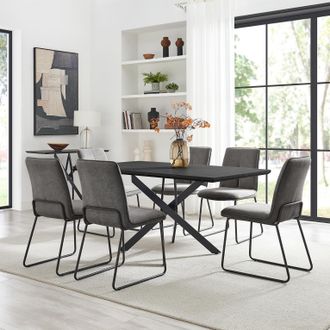 Furniturebox Leonardo Black Top Dining Table & 6 Halley Fabric Chairs in Dark Grey