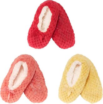 BambooMN Soft Touch Warm Cozy Fuzzy Non-Slip Lined Slip-On Slippers Socks for Adult Women, Indoor Travel House Slippers, 3 Pairs, Assortment C, Large