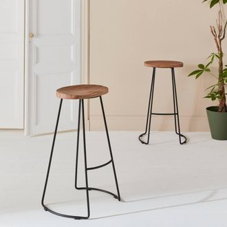 Sweeek Pair Of Industrial Metal & Wooden Bar Stools in Light Brown