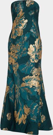 Rene Ruiz Metallic Floral Jacquard Strapless Gown