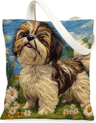 Generic Spring Shih Tzu Dog Canvas Tote Bag for Shopping 13x15, Knitting Style Garden Puppy Reusable Grocery Print Pattern Bag for Women, Fun Pet Beach Aesthe